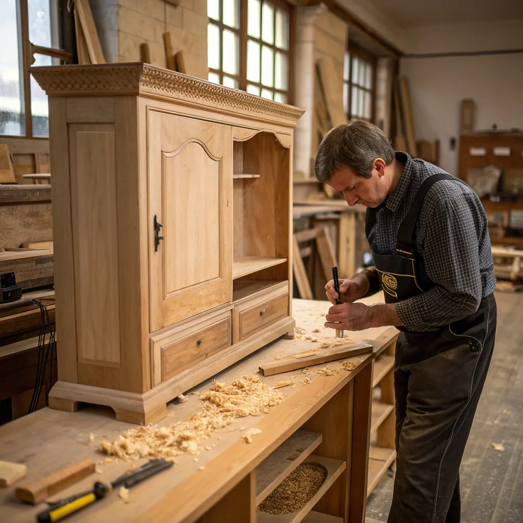 Artisan crafting a wooden cabinet in a workshop